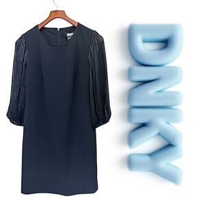 DKNY Navy Sheath Dress Size 10 NWT Puff Sleeve Pleated Elegant Career